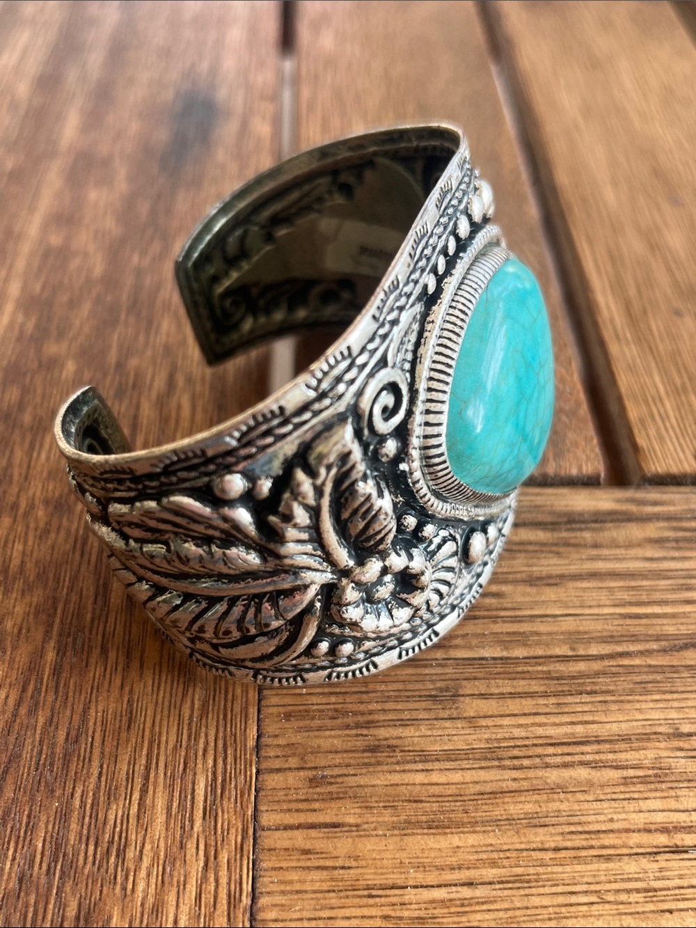 Turquoise Stone Silver-Tone Cuff Bracelet - Women Jewelry - Picture 5 of 6